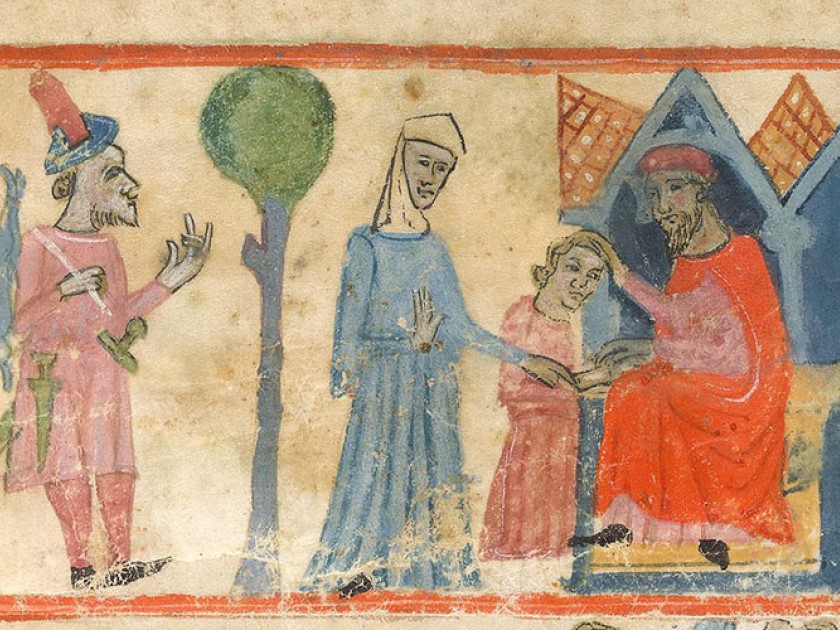 Image description: Isaac blesses Jacob as Esau returns from his hunt, an animal slung over his shoulder and daggers strung to his pink tunic. Rebecca stands next to a round tree between her two sons, wearing a light blue tunic and a beige head covering and extending a hand to help Isaac with the blessing. The image is painted on beige parchment.